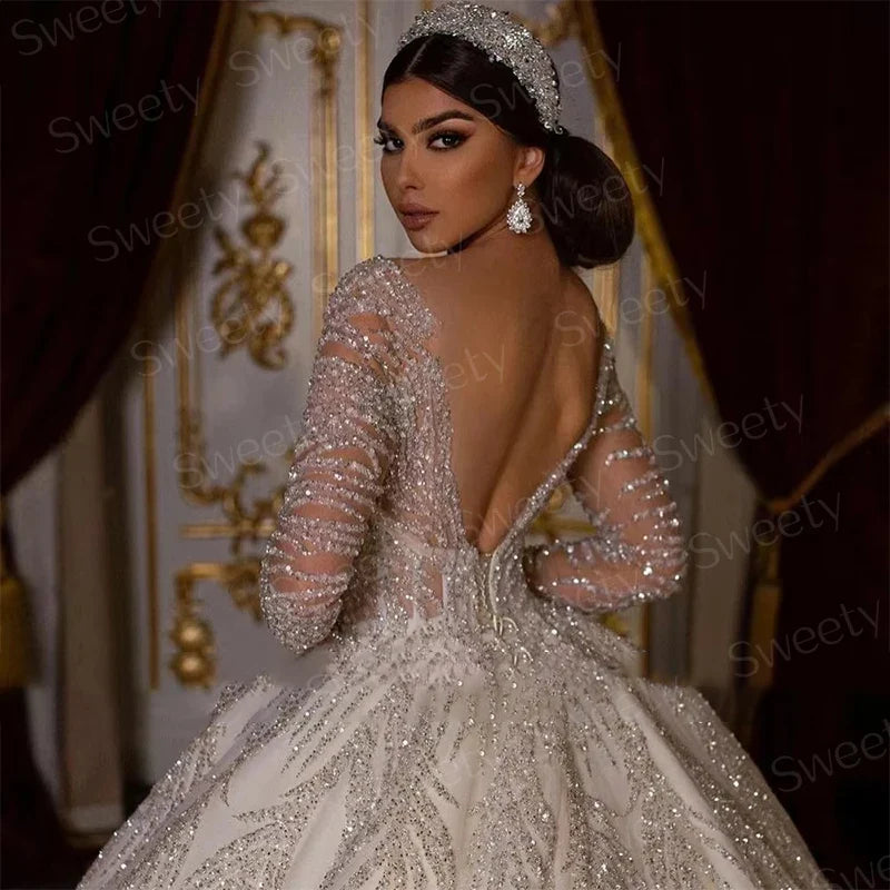Glitter Wedding Dress Lace With Beading Ball Gown Princess Full Sleeve O-Neck Bride Dress Backless Customized Vestido De Novia