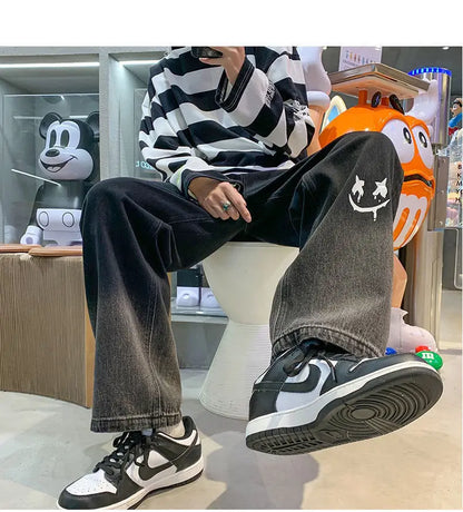 Harajuku Smile Print Baggy Pants Men Streetwear Wide Leg Oversize Jeans Vintage Y2k Straight Long Trousers Male 2024 Fashion