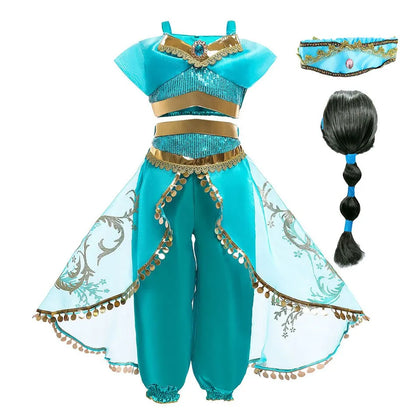Children Aladdin Lamp Dress Kids Jasmine Costume Girls Birthday Princess Cosplay Shoulderless Outfit Carnival Clothes 3-10T