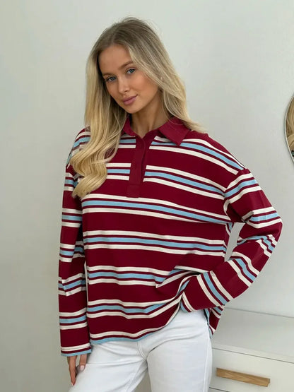 Autumn Casual Stripes Contrast Long-sleeved T-shirt Women Button Lapel Polo Shirt Tshirts New Streetwear Retro Chic Tops 2025