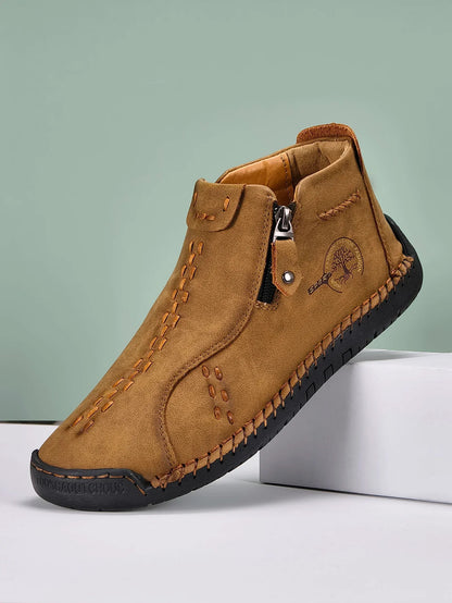 Sapatos Masculinos Clássicos de Couro Feitos à Mão, Design com Zíper, Tênis Esportivos para o Ar Livre, Sapatos Casuais Respiráveis com Elástico, Botas Masculinas de Couro no Tornozelo