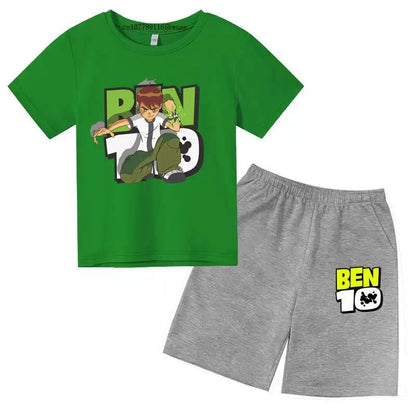 Kids Cartoon Ben Tennyson 10 Print Summer 2pcs Breathable Tees+Shorts Sports Suits 2-13Years Boys Girls Outfits Children Clothes