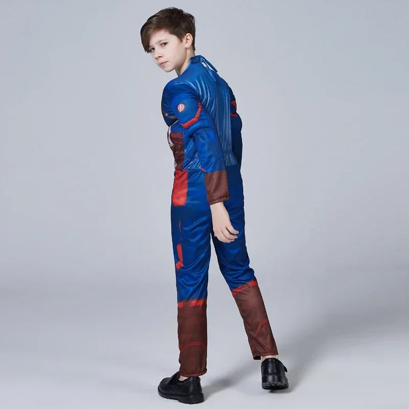 Captain America Muscle Costume Cosplay Superhero Captain America Muscle Jumpsuit Shield Halloween Carnival Party Costume for Kid