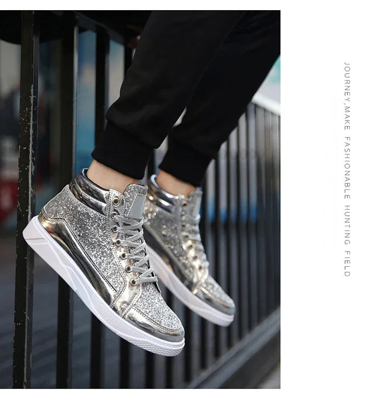 Man High Top Sneakers Luxury Glitter Men Ankle Boots Fashion Non-slip Casual Shoes High Quality Hip Hop Men Boots 2024