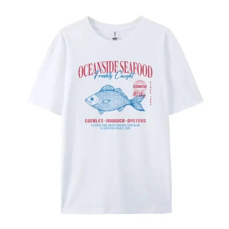 Summer American Street Ins Personalized Seafood Graphic T-shirts Fashion Y2K Aesthetic Street Clothing Short-sleeved Loose Tops