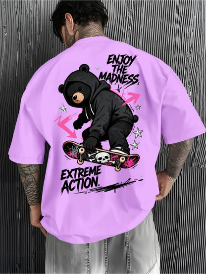 American men's summer trend skateboard teddy bear letter print soft and breathable round neck T-shirt outdoor casual top