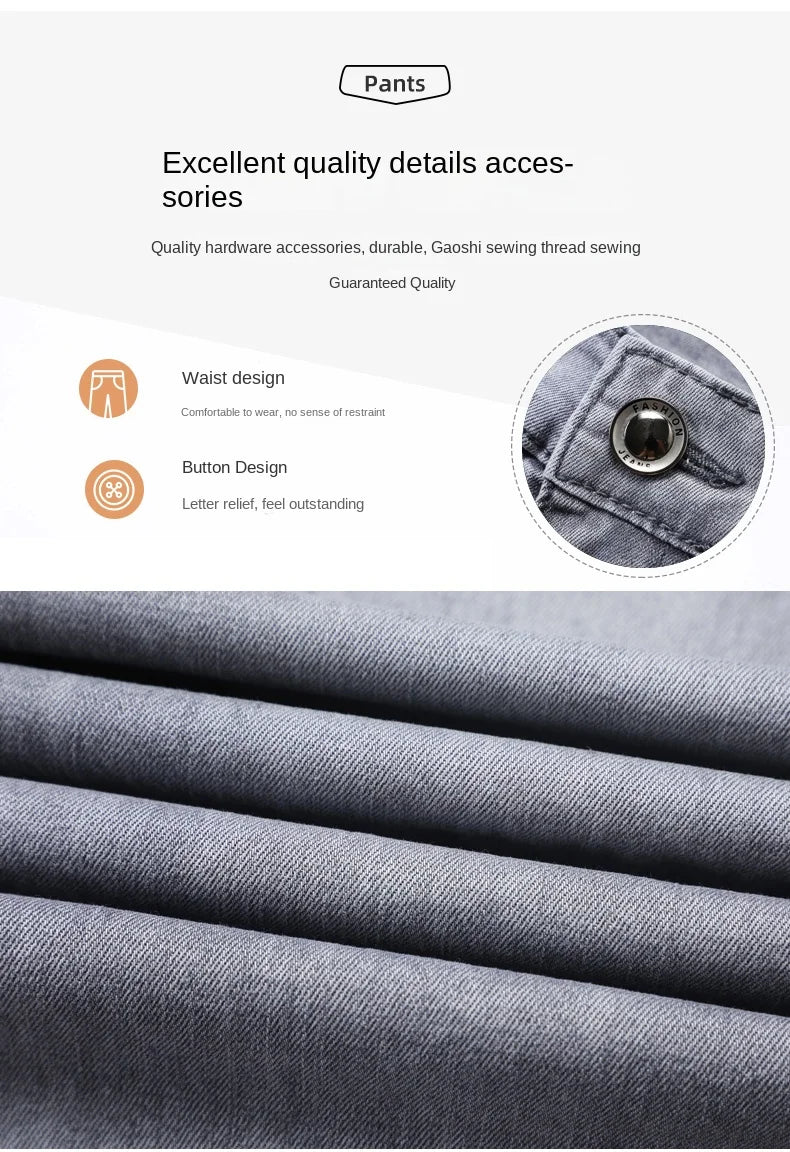 2026 Brand Thin or Thick Material Straight Cotton Stretch Denim Men's  Business Casual High Waist Light Grey Blue Jeans