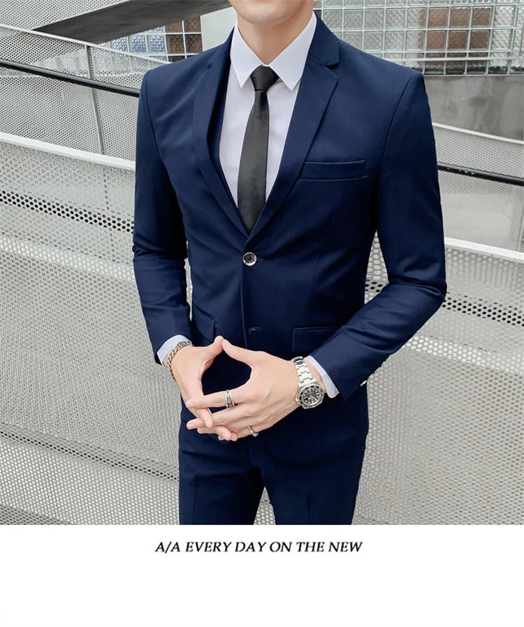 Solid Color Suit Men's Fashionable Gentleman Business Banquet Korean-style Formal Dress Casual Wedding (Blazer+Vest+Trousers)