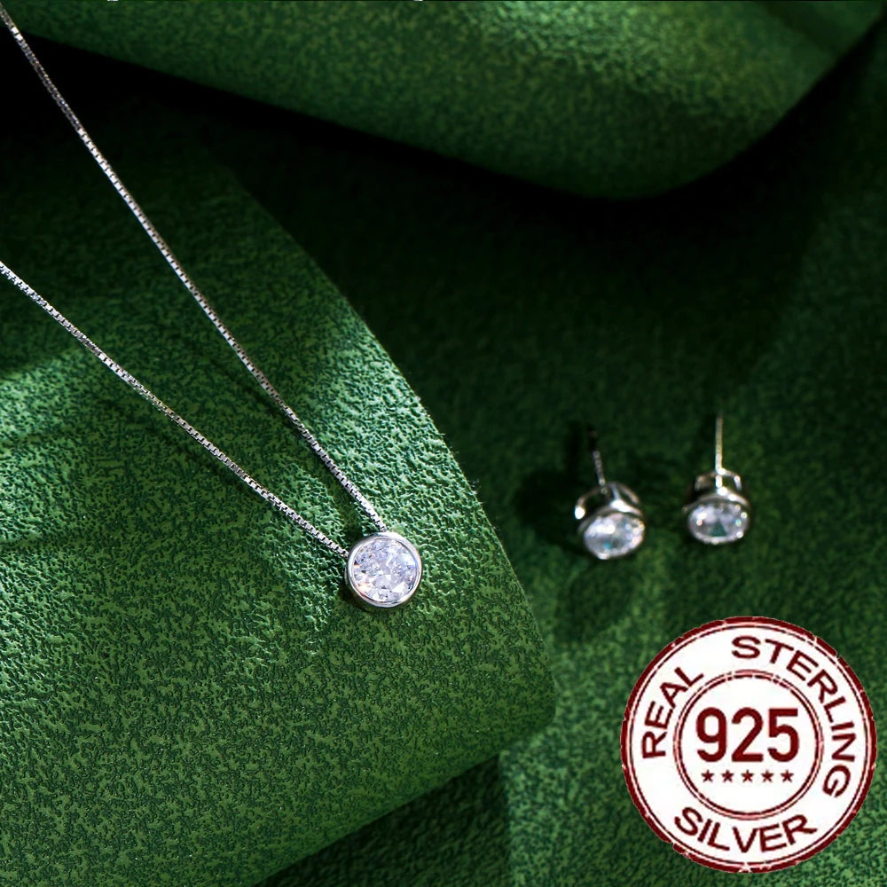 Conjunto de Joias em Prata Esterlina 925 Genuína, Colar Simples com Zircônia Cúbica Redonda Brilhante e Brincos para Mulheres, Casamento ST001