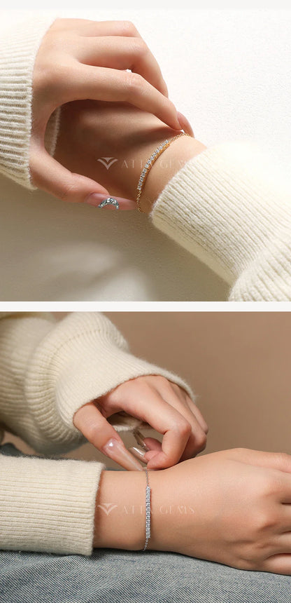 A Row Of Moissanite Tennis Bracelets 925 Sterling Silver Yellow Gold Plated Adjustable Bracelet For Women Charm Jewelry