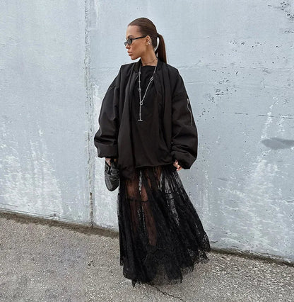 Loose Black Sexy Black Lace Skirt Women Fashion Thin Transparent Casual Hollow Out High Waist Loose A-line Long Skirt Party