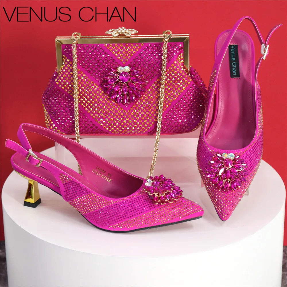 Italian Design Rhinestone Luxury Green Colour Pointed Toe Shoe & Bag Set Women's High Heels for Parties High Quality