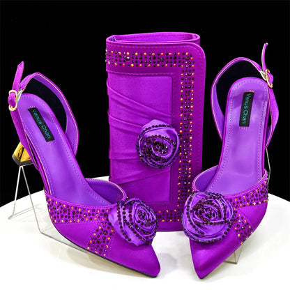 Sparkling Rhinestone Rose Pumps With Medium Heel for Nigerian Women's Party, Pointed Toe Shoes and Matching Bags