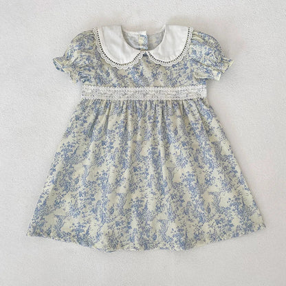 2026 Novo Vestido de Verão para Meninas Crianças 2-6 Anos Vestido de Manga Curta Bufante Estampa Floral Gola Franzida Algodão Doce