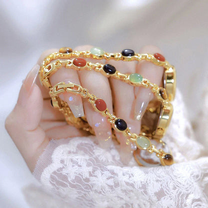 Women's watch Vintage Natural Colorful Jade Bracelet Wristwatches Clock,Luxury Elegant Small Oval Dial Quartz Watch Waterproof