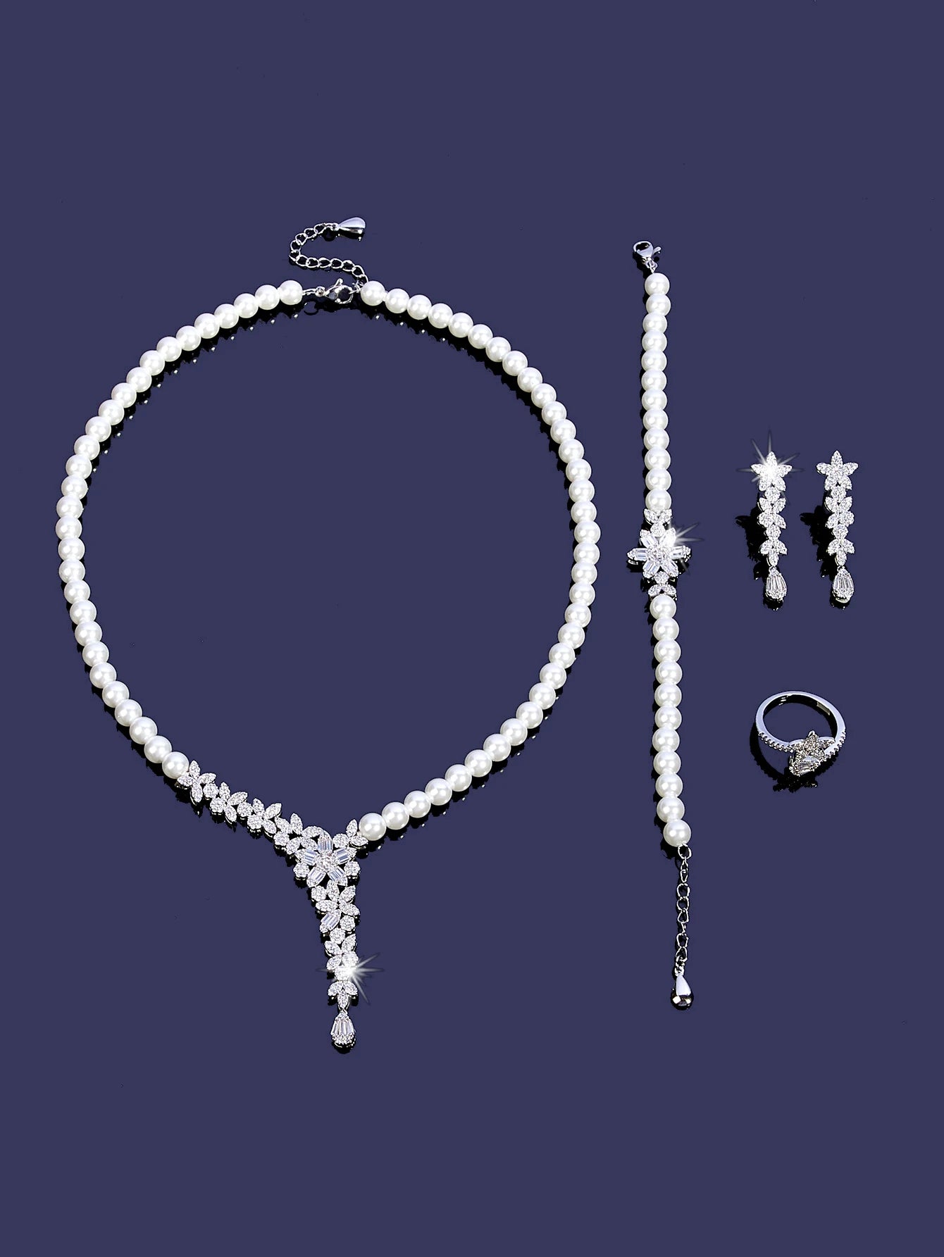 New Trendy Pearl Tassel 40cm Necklace Earring 4PCS Jewelry Set For Women Wedding Party Full Zircon Dubai Bridal Jewelry Set Gift