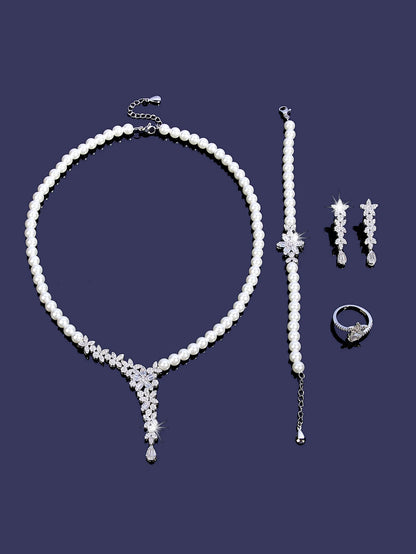 New Trendy Pearl Tassel 40cm Necklace Earring 4PCS Jewelry Set For Women Wedding Party Full Zircon Dubai Bridal Jewelry Set Gift