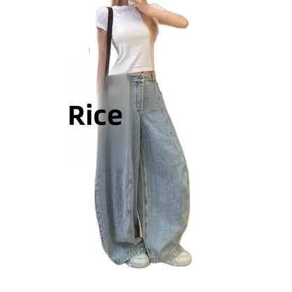 American Washed Loose Wide Leg Knife Edge Jeans Women's Spring Autumn New High Waist Loose Slimming Floor Length Pants