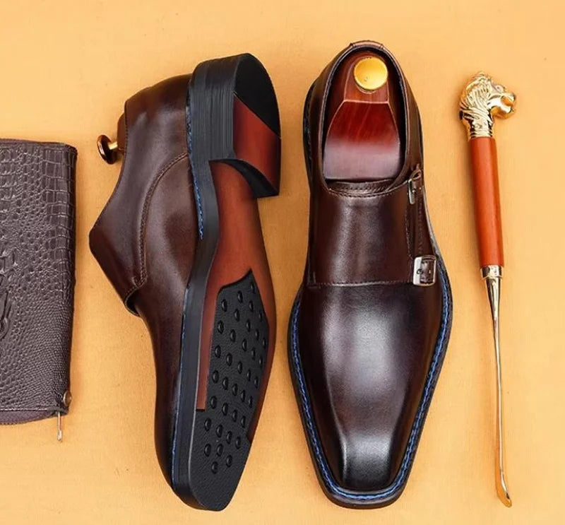 High-end Cowhide Leather Shoes For Men Square Toe Double Monk Strap Shoes Mens Dress Shoes Slip On Business Formal Shoes