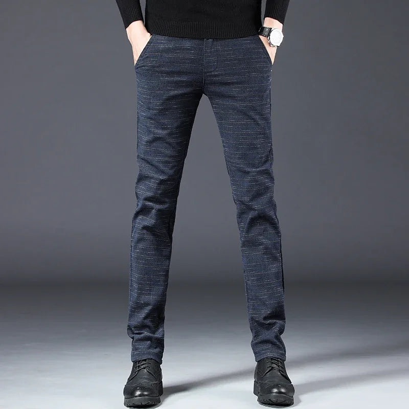 Spring Autumn New Men's Plaid Pants Black Blue Business Casual Formal Fashion Korean Classic Male Clothes Straight Trousers