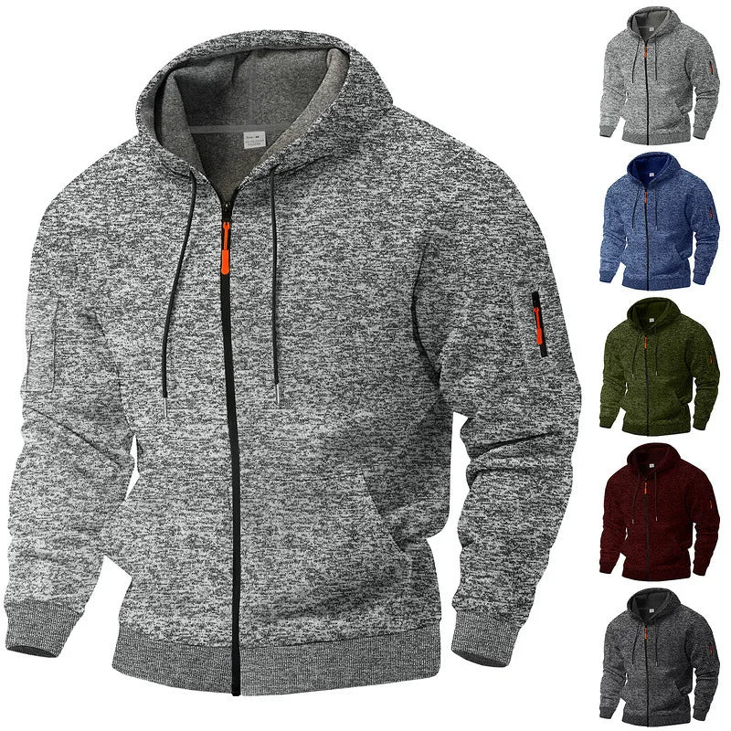 Heavy fleece men's jacket winter retro tooling pocket hooded zipper sports sweater men