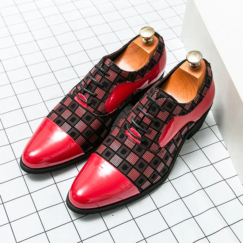Hot Sale High Heel Mens Shoes Fashion Red Checkered Man Wedding Shoes Plus Size 38-46 Elegant Social Shoe Male chaussure hommes