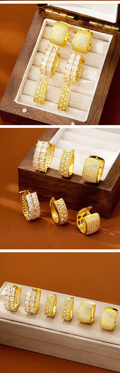 Women 24K Gold AU999 Diamond-Inlaid Geometric Clasp Earrings - Pure gold, trendy design, practical clasp, ideal for gifting