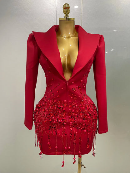 Crystal Chains Pearls Long Sleeve Mini Dress 2025 Women Birthday Evening Party Nightclub Outfit Singer Wedding Costume