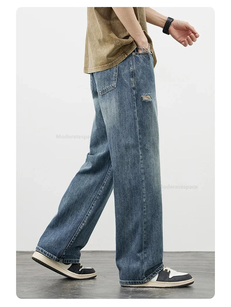 Korea Baggy Cargo Jeans Men Vintage Straight Ripped Y2k Pants Fashion Frayed High Street Distressed Denim Trousers Male Clothes
