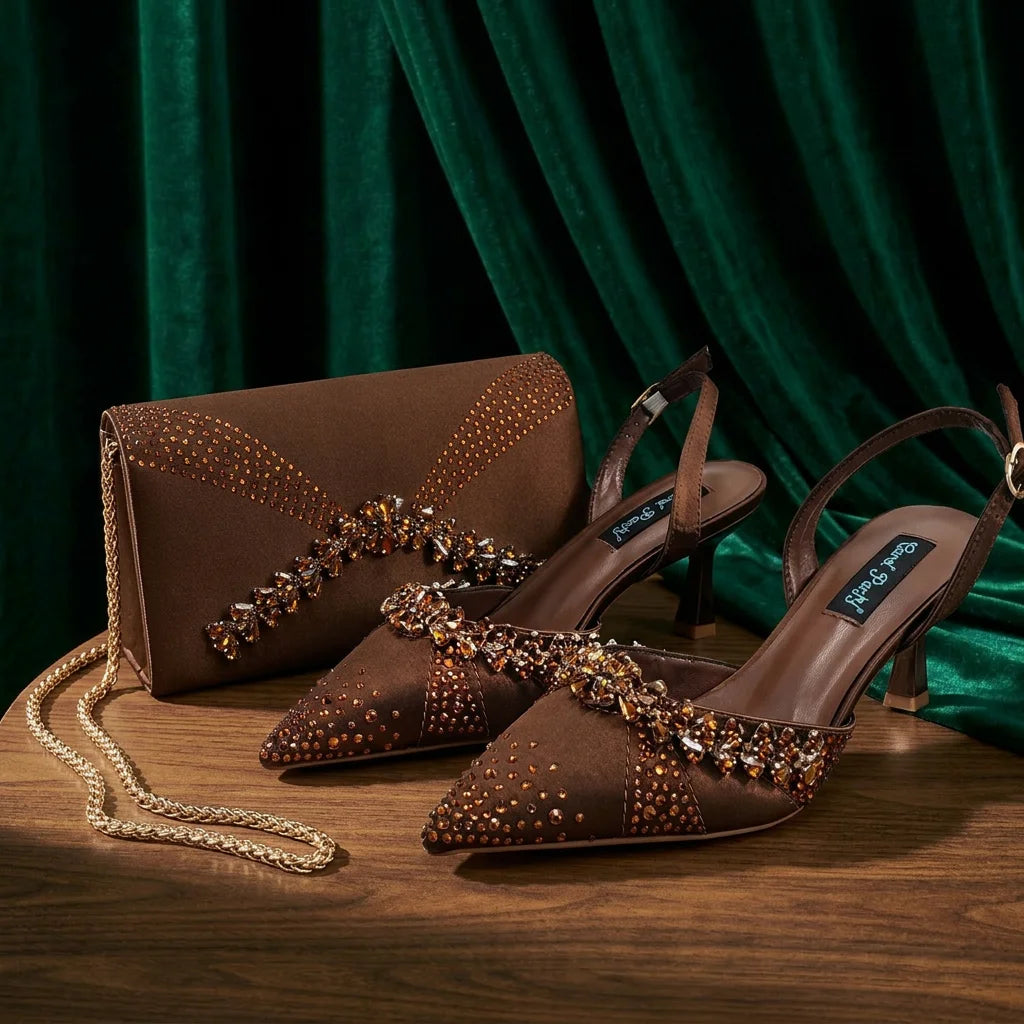 2026 Italian Inspired Coffee Pointed Toe High Heels Matching Handbag Set  COMFORT INCLUDED Elegant Wedding Party Shoes for Women
