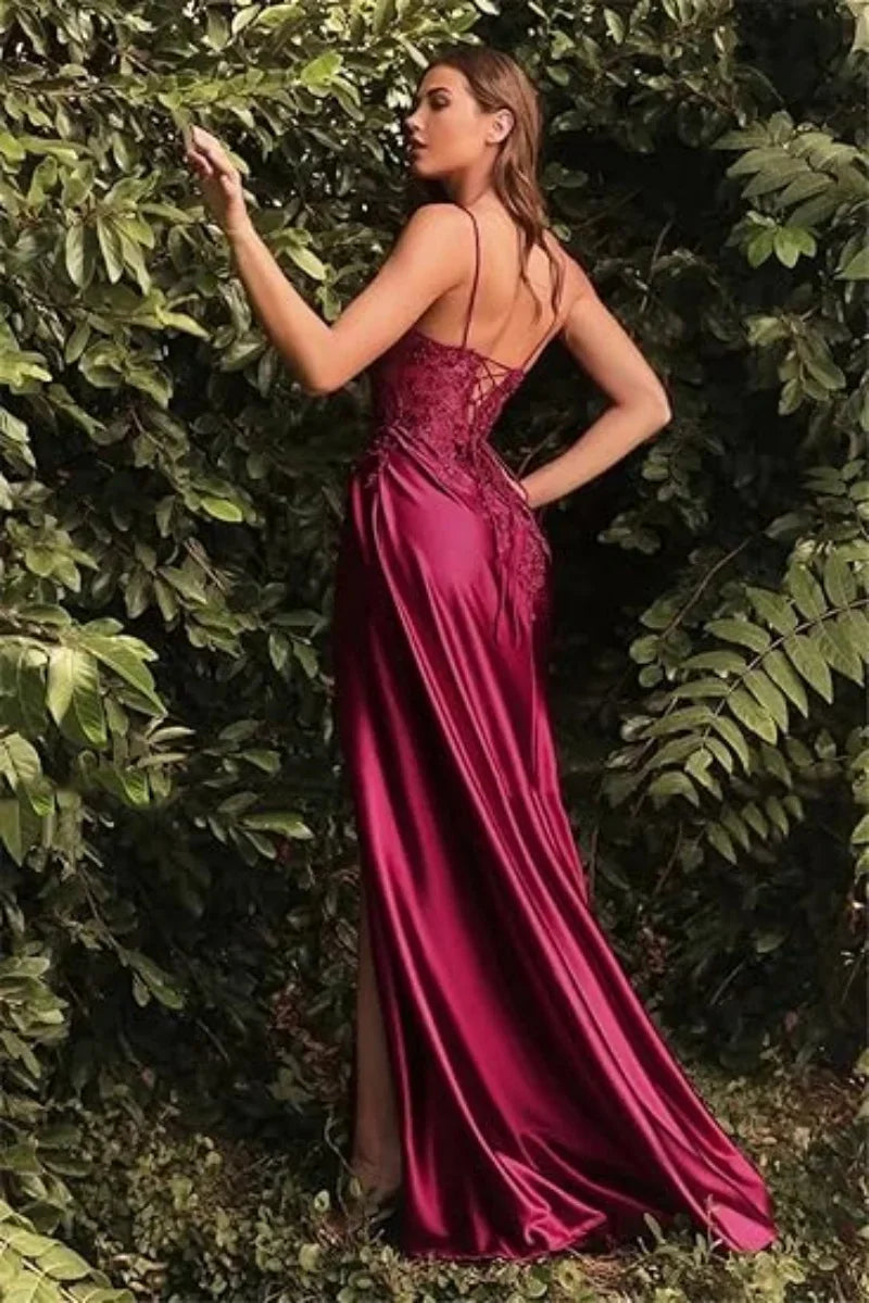 Women's Satin Appliques Prom Dresses with High Slit V Neck Mermaid Evening Gown Formal Party Dress