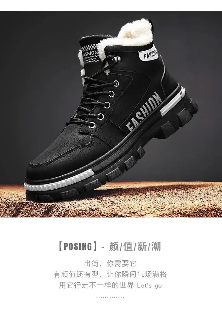 Men Snow Boots  Winter Anti Slip Plush Indoor Warm Cold Proof Snow Boots High Top Platform Lace Up Outdoor Sport Work Boots