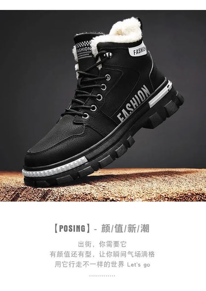 Men Snow Boots  Winter Anti Slip Plush Indoor Warm Cold Proof Snow Boots High Top Platform Lace Up Outdoor Sport Work Boots