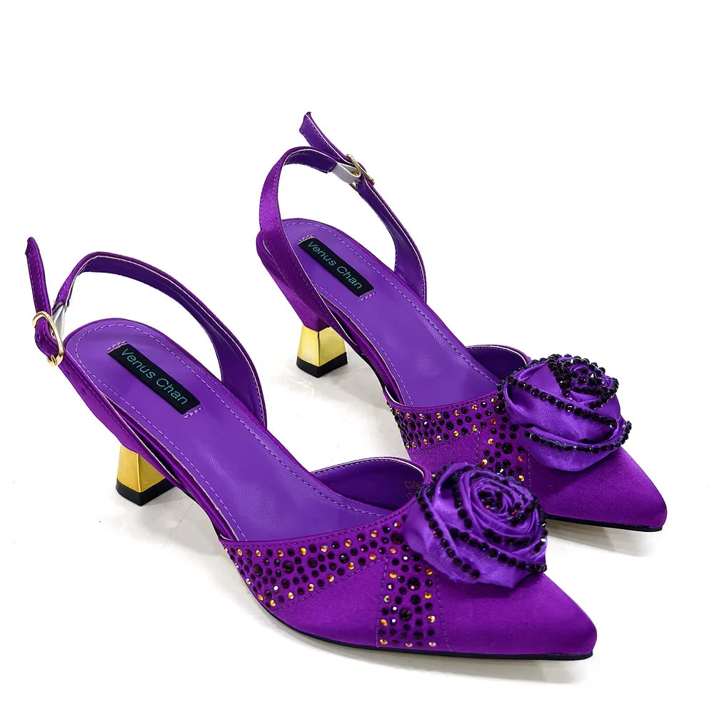 Sparkling Rhinestone Rose Pumps With Medium Heel for Nigerian Women's Party, Pointed Toe Shoes and Matching Bags