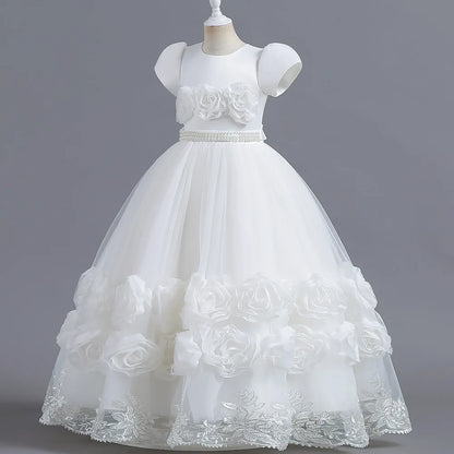 Summer Flower Bridemaids Party Girl Dresses Elegant Wedding Birthday Princess Prom Dress for Girls Bow Evening Christmas Costume