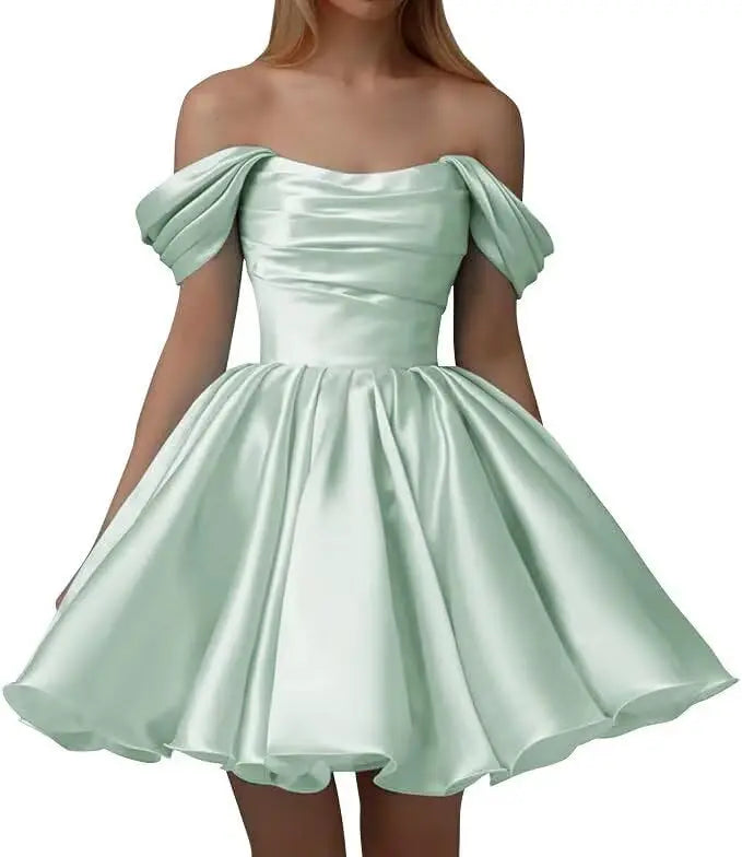 Off the Shoulder Satin Homecoming Dresses for Teens Short A Line Cowl Neck Prom Cocktail Party Gowns HOCO Girls School Dress