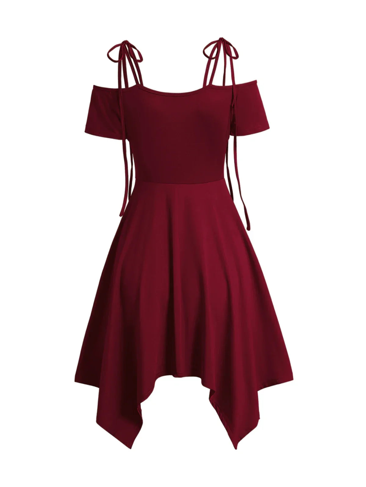 Women's Dress Cold Shoulder Lace Up Asymmetric Dress Tie Knot Shoulder Chain Solid Color Short Sleeve Dress