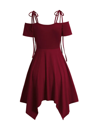Women's Dress Cold Shoulder Lace Up Asymmetric Dress Tie Knot Shoulder Chain Solid Color Short Sleeve Dress