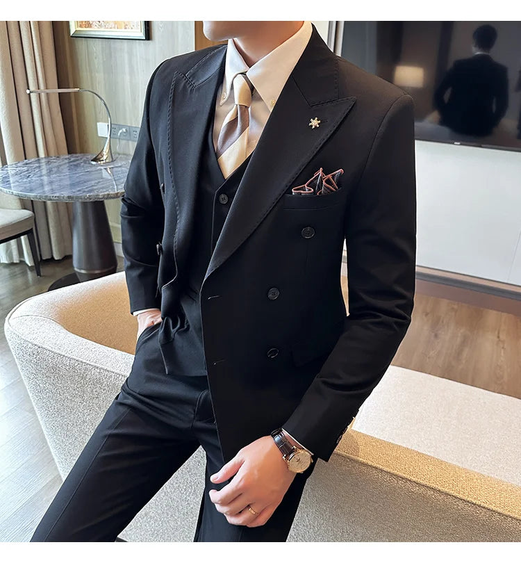 (Jackets+Pants) Luxury Double Breasted Design Slim Fit Suit High Quality Fashion Men's Wedding Social Suit Tuxedo 2 Piece Set