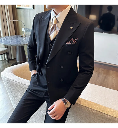 (Jackets+Pants) Luxury Double Breasted Design Slim Fit Suit High Quality Fashion Men's Wedding Social Suit Tuxedo 2 Piece Set