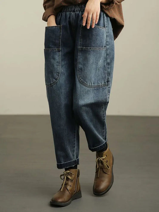 Casual Big Pocket Ankle Length Denim Pants