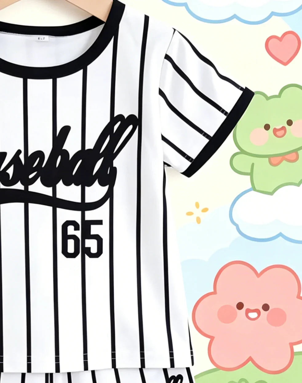 Summer New Arrival Boys Black White Color Block Baseball Style Stripe Short Sleeve Shorts Set