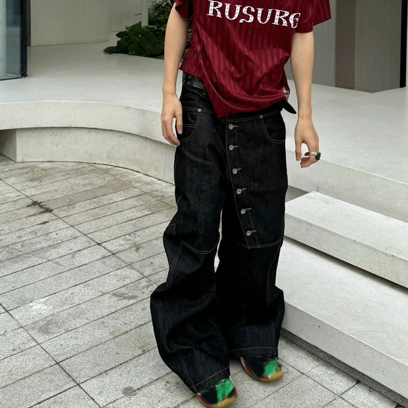 Y2K High Street Buckle Curved Jeans Wide Leg Pants Autumn Men'S Loose Straight Leg Pants Black Korean Casual Pants Hip-Hop Pants