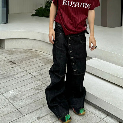 Y2K High Street Buckle Curved Jeans Wide Leg Pants Autumn Men'S Loose Straight Leg Pants Black Korean Casual Pants Hip-Hop Pants
