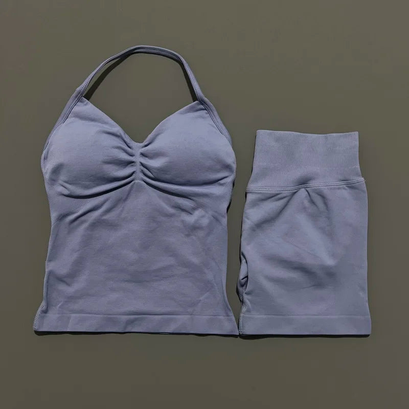 2 Piece Sports Set Women Seamless Yoga Tank With Removable Pads Top Scrunch Butt Workout Leggings Suit Gym Sports Sets