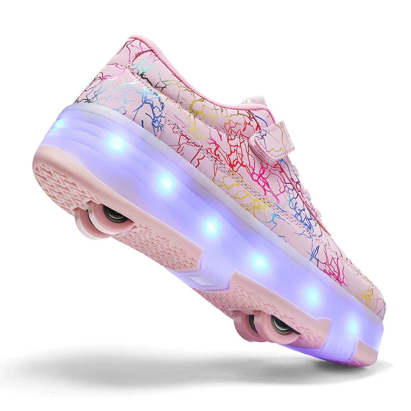 4 Wheel Dual-Use Roller Skates with Detachable Wheels ,Sneakers with LED Boys Girls Shoes with Wheels,Speed Skate Sizes 29-42