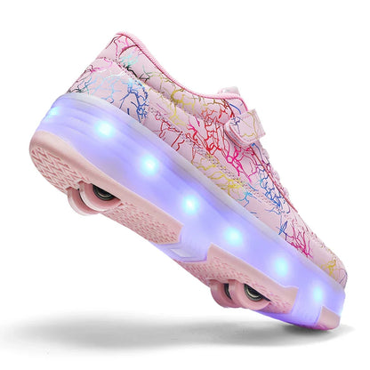 4 Wheel Dual-Use Roller Skates with Detachable Wheels ,Sneakers with LED Boys Girls Shoes with Wheels,Speed Skate Sizes 29-42