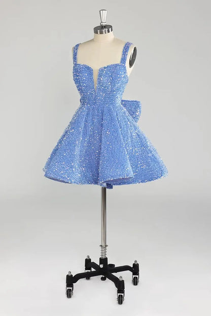 Sparkly Sequin Homecoming Dresses 2026 Short Spaghetti Straps V Neck Cocktail Party Gowns with Bow  Mini Dress Graduation Dress