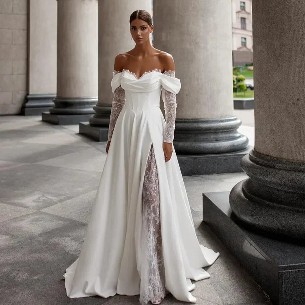 Princess Off The Shoulder Long Sleeves Sweetheart Lace Applique Boho Beach A Line Wedding Dresses 2025 Vestido De Noival