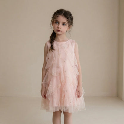 2026 Girls Pink Ruffle Tulle Dress Princess Sequin Layered Party Dress Kids Sleeveless Mesh Summer Vestidos Children Casual Gown